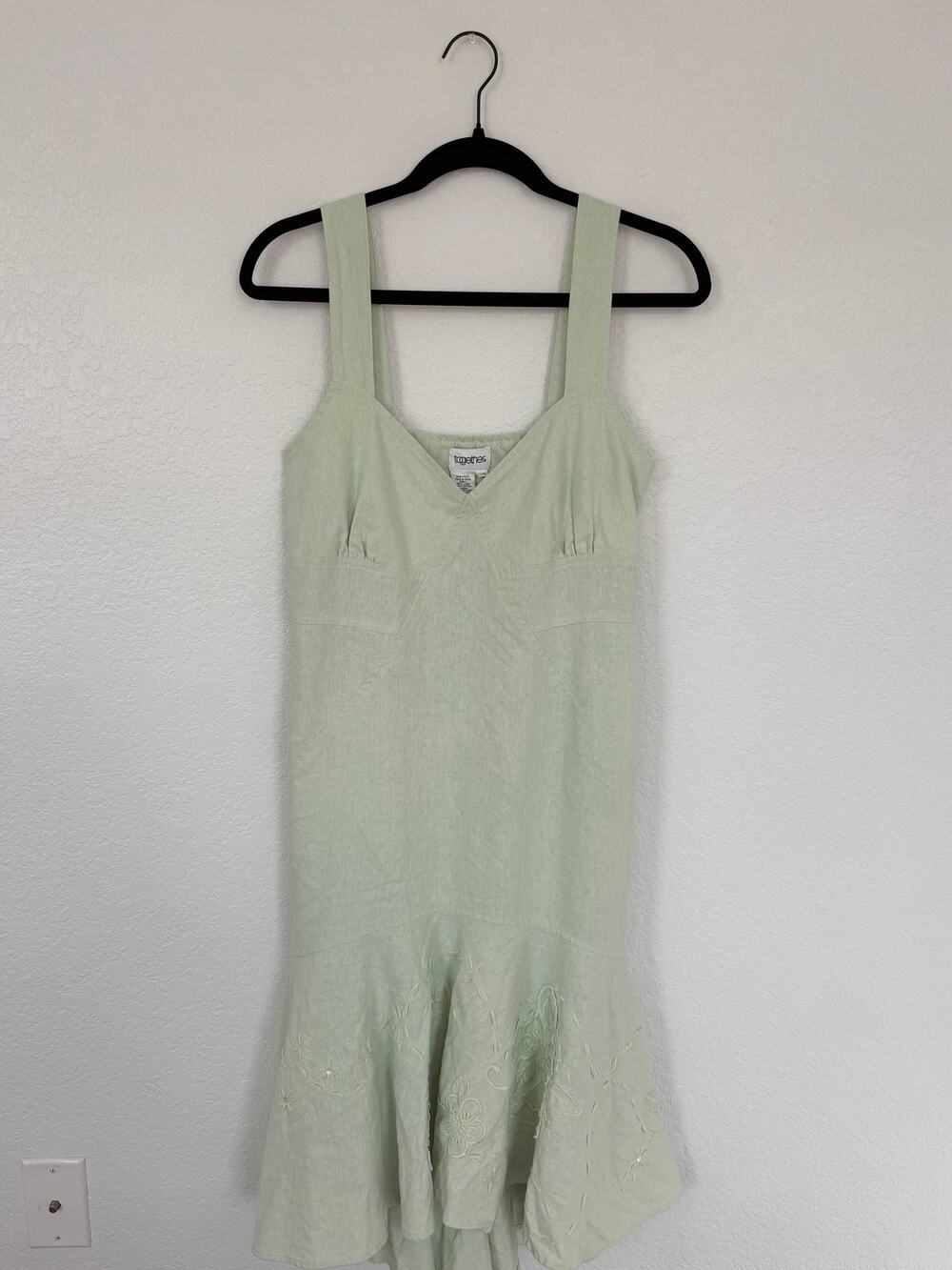 Together Pastel Green Linen Blend Embroidered Midi Dress – Vintage – Size 10